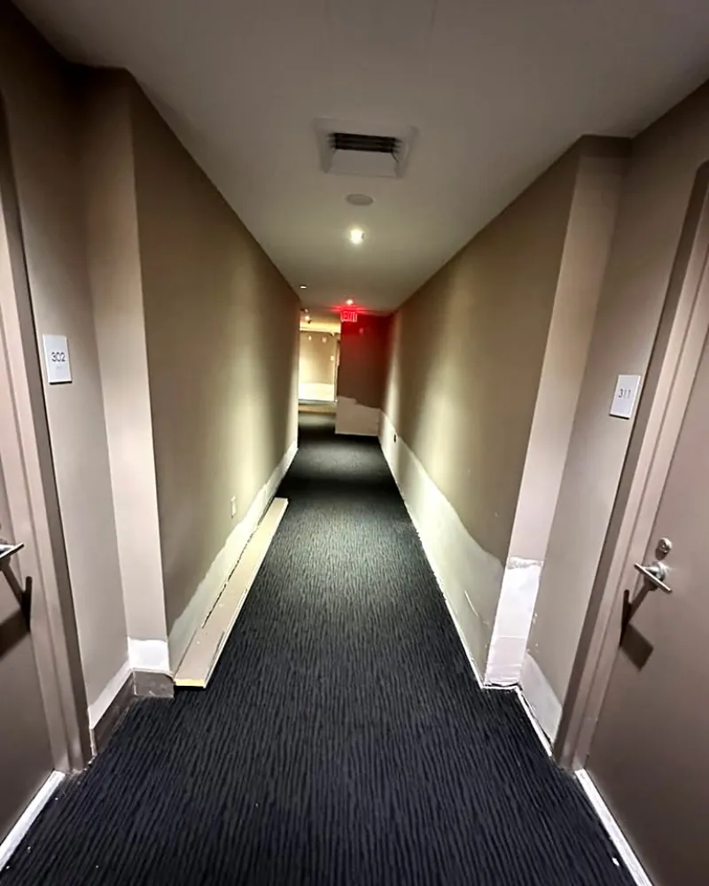 Hotel corridor with painted walls and new carpet